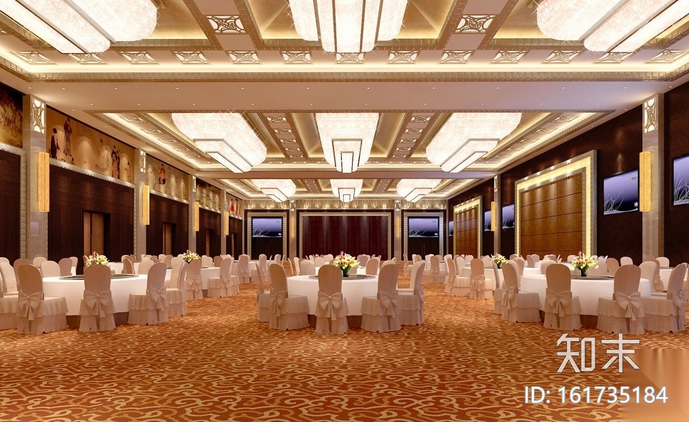 某大型酒店中式宴会厅装修全套施工图（附效果图）cad施工图下载【ID:161735184】