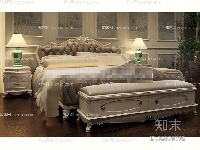 欧式简约白色木艺床具组合3D模型下载【ID:32806552】