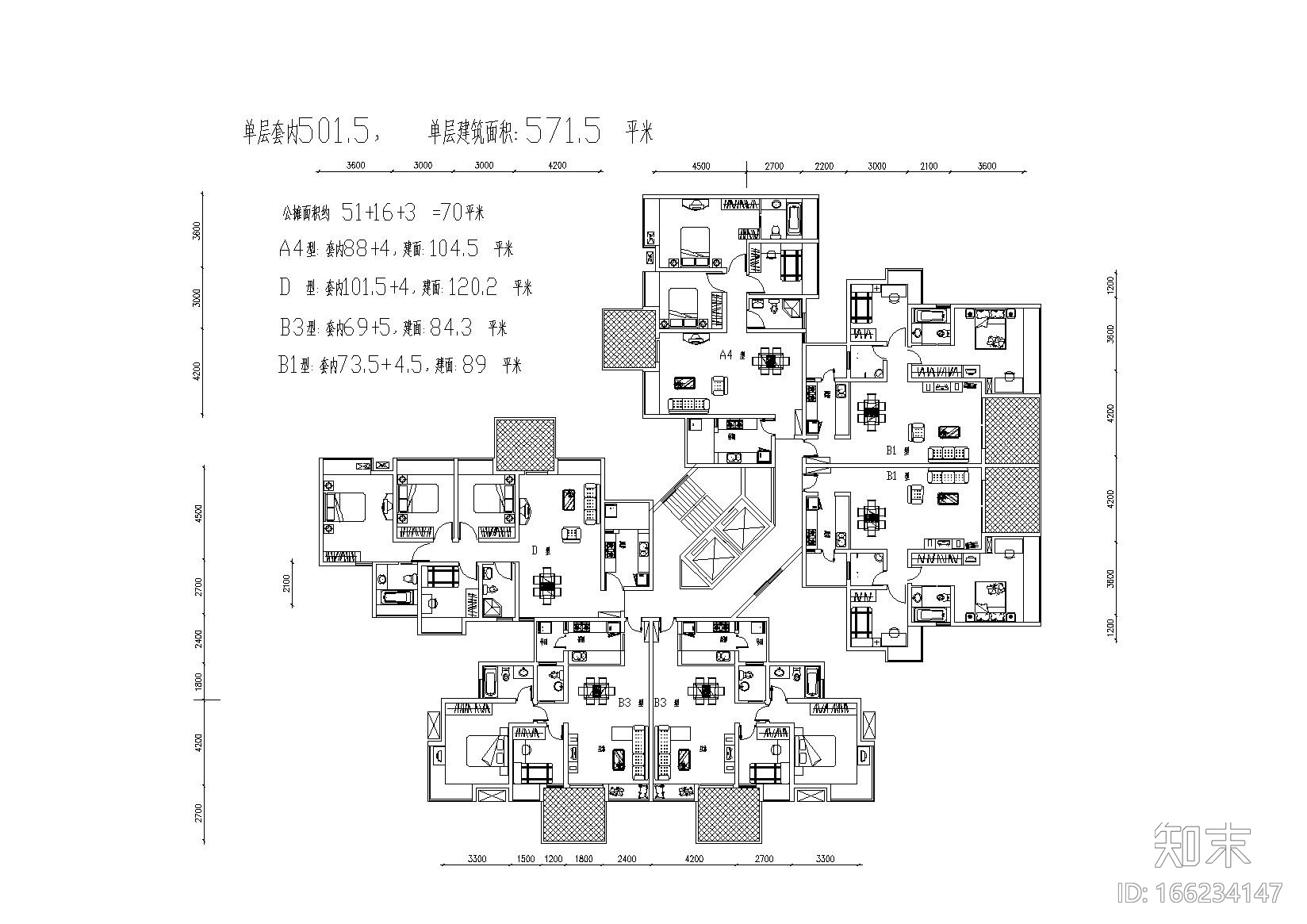 高层二居三居经典户型图(CAD)施工图下载【ID:166234147】