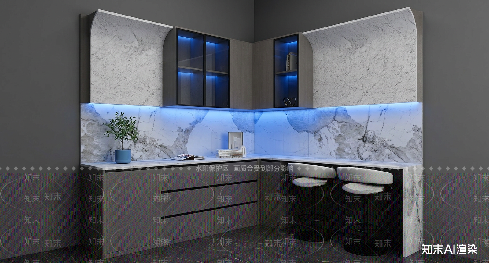 大理石台面吧台家居餐厅3D模型下载【ID:1227486229】