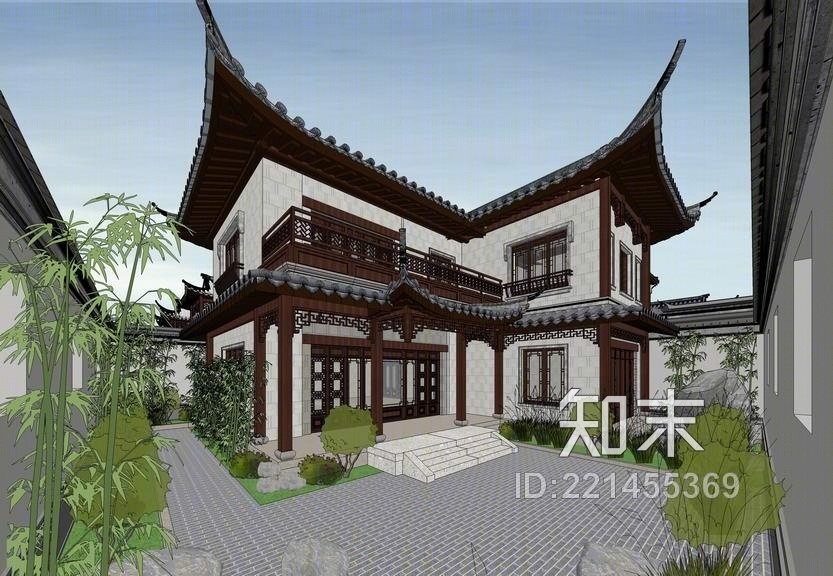 中式仿古别墅SU模型下载【ID:221455369】