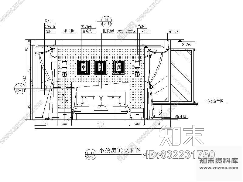 图块/节点卧室背景墙立面施工图下载【ID:832231750】