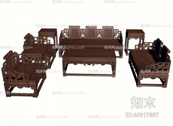 传统中式原木色木艺椅子茶几组合3D模型下载【ID:40317807】