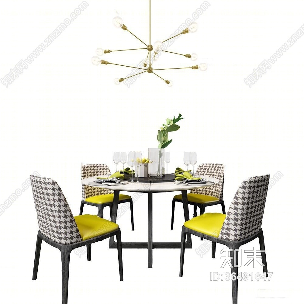 现代圆形餐桌椅餐具吊灯组合3D模型下载【ID:36491647】