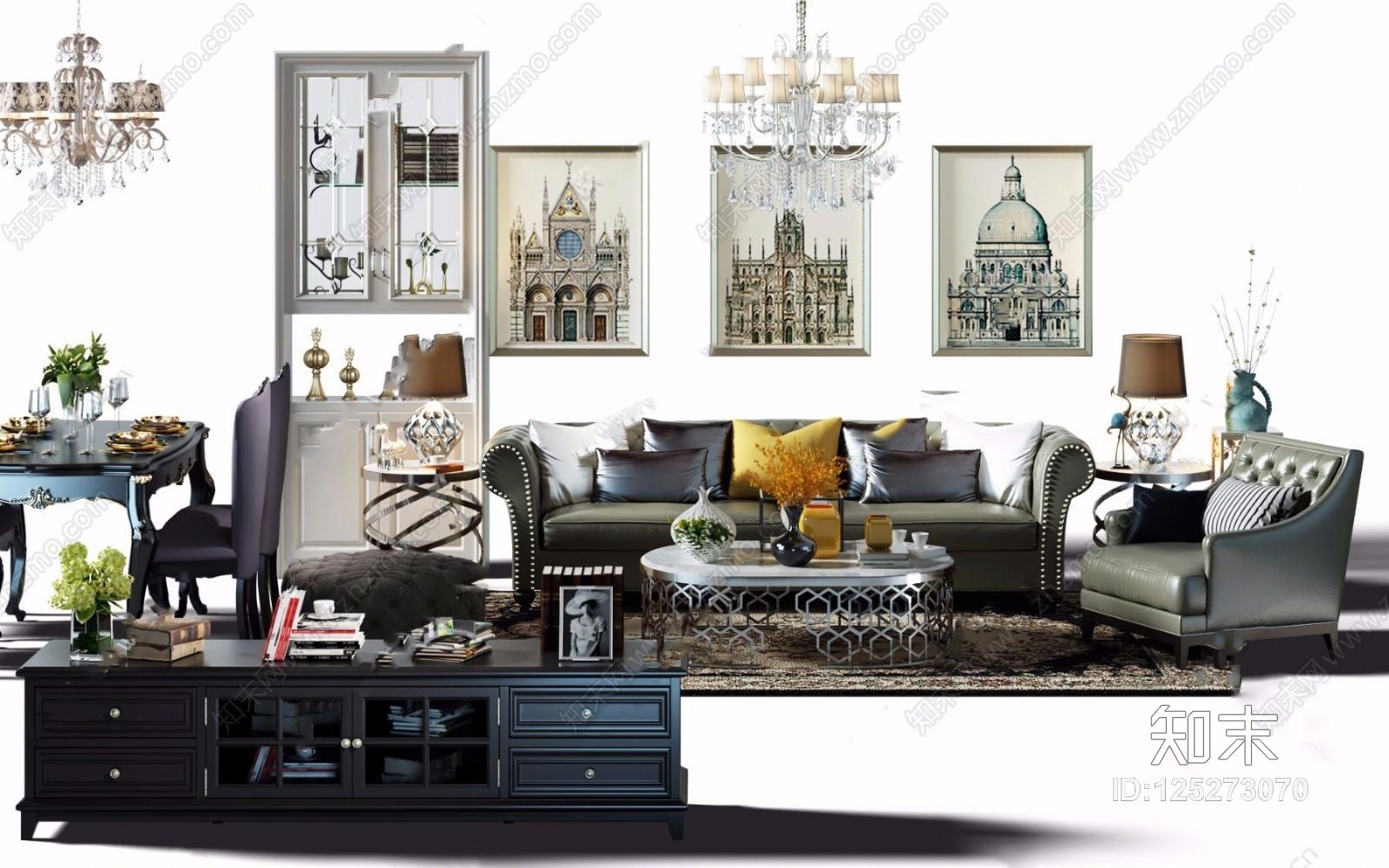 美式沙发茶几边柜电视柜餐桌椅组合3D模型下载【ID:125273070】