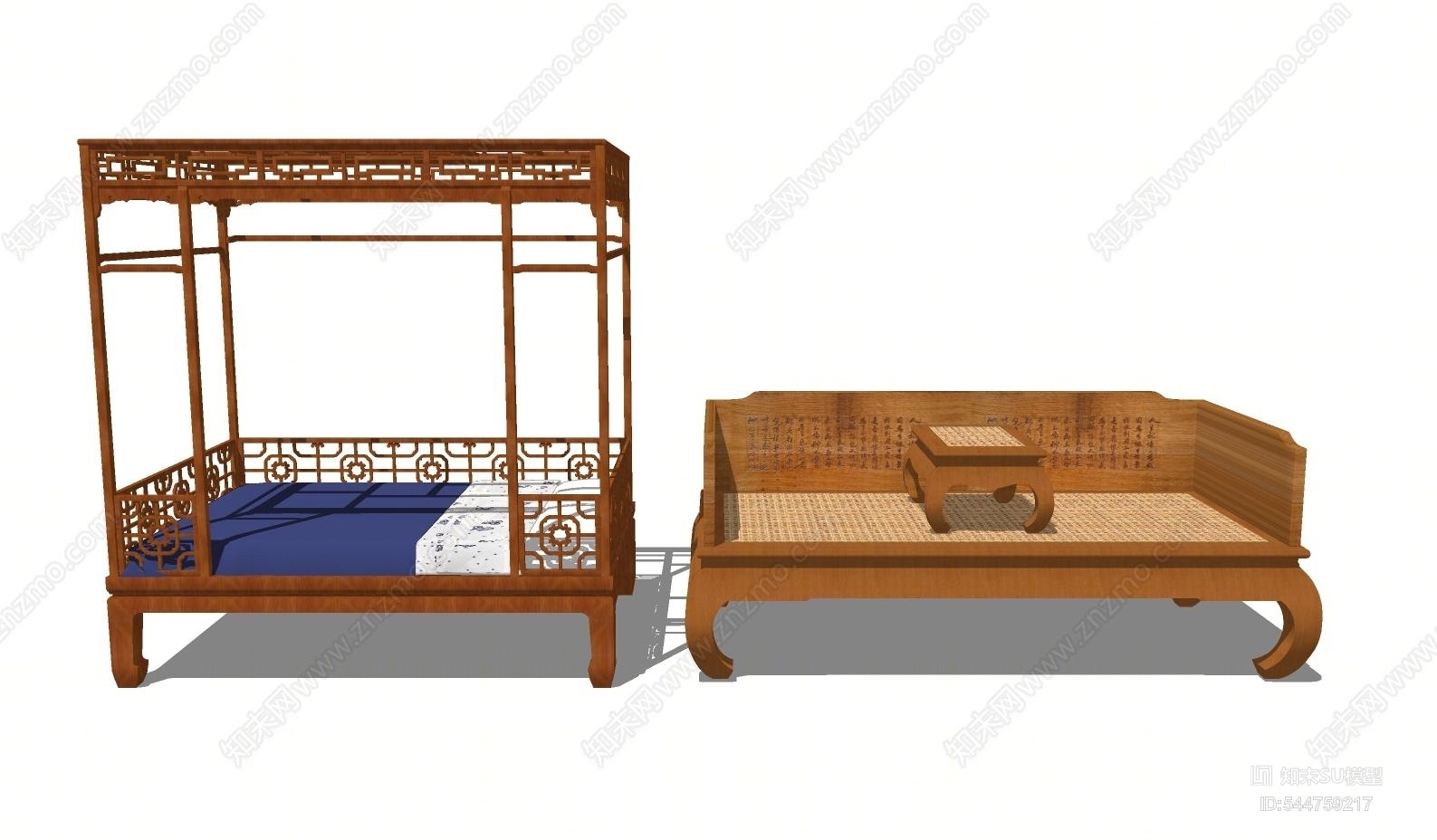 新中式双人床SU模型下载【ID:544759217】