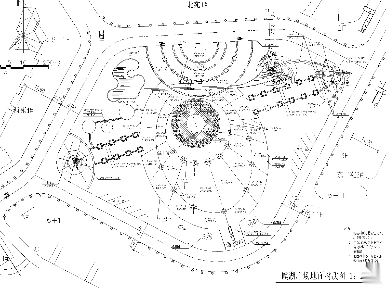 熊湖广场cad总平面图,广场平面石材质布置平面图施.