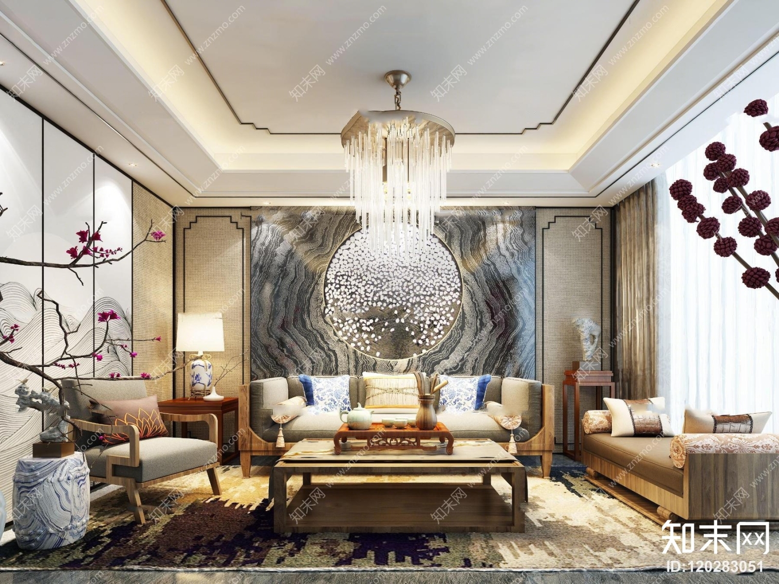 新中式沙发椅吊灯装饰画茶几装饰品背景墙组合3D模型下载【ID:120283051】