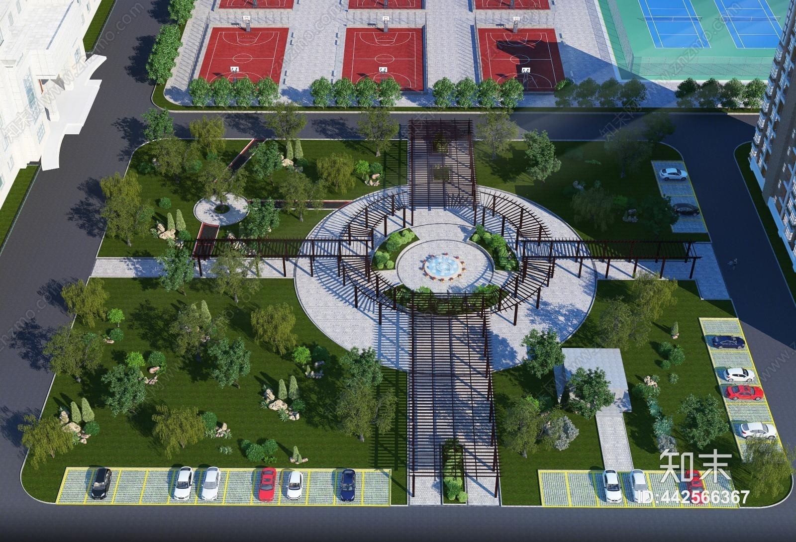 现代花园建筑鸟瞰3D模型下载【ID:442566367】