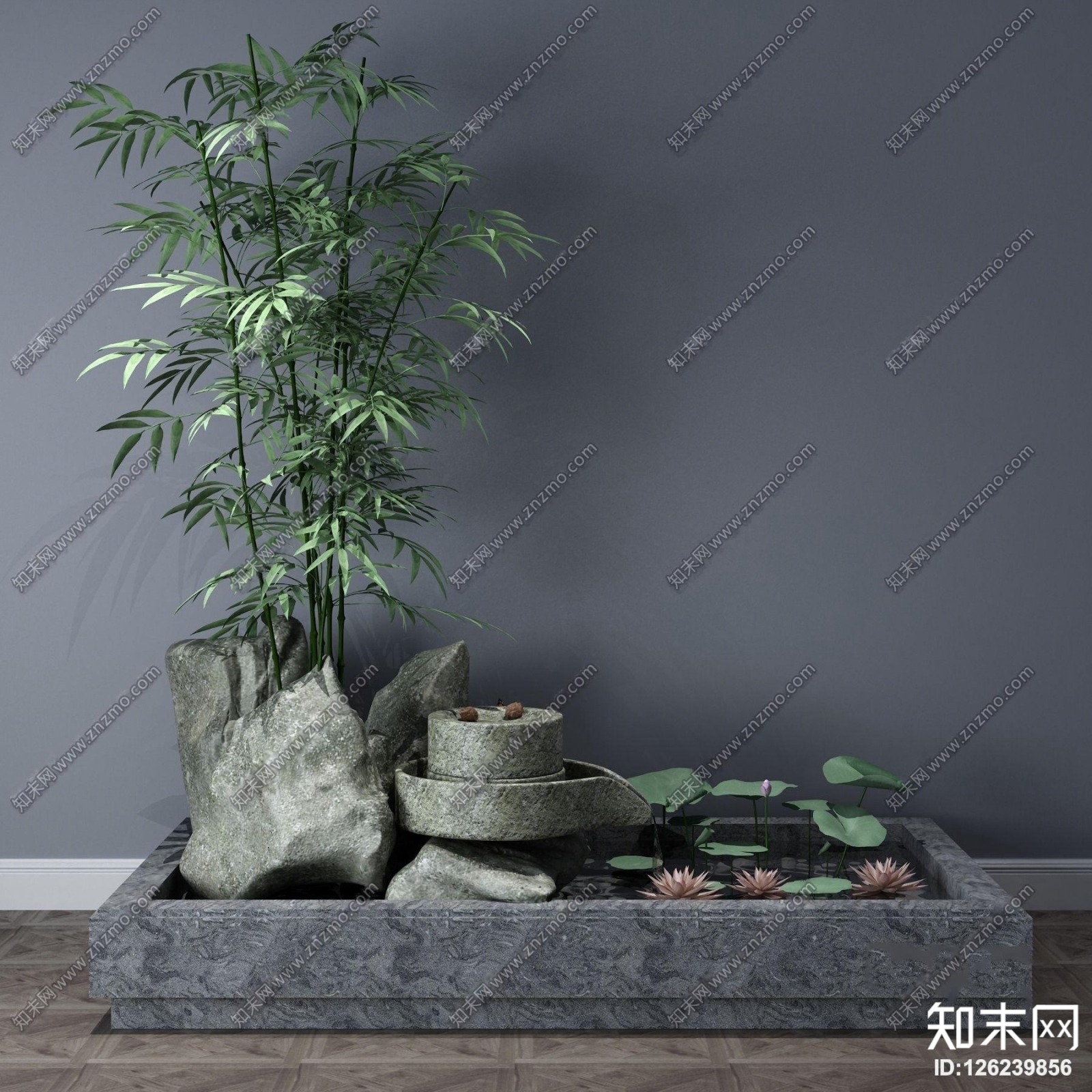 现代石头石磨绿植水景3D模型下载【ID:126239856】