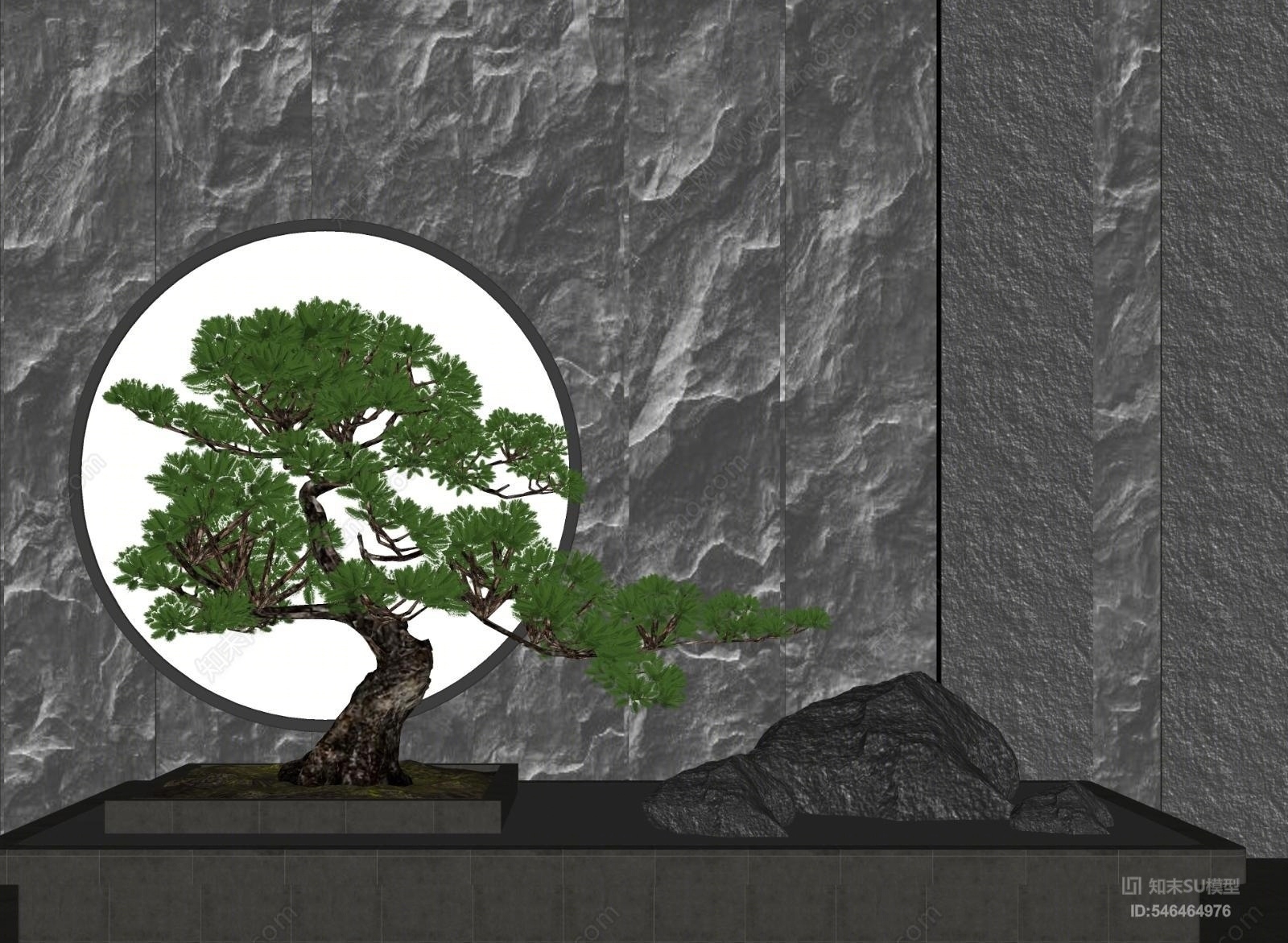 新中式庭院造景假山松树SU模型下载【ID:546464976】
