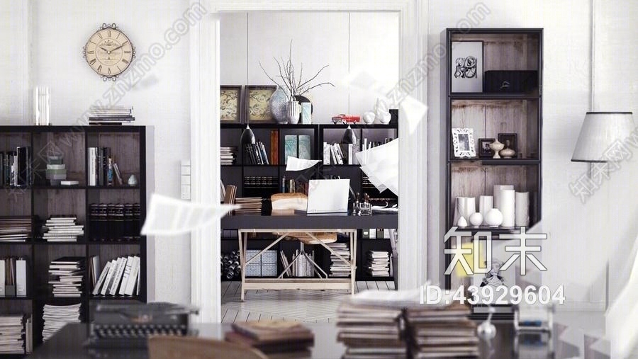 现代书桌书架书籍组合3D模型下载【ID:43929604】