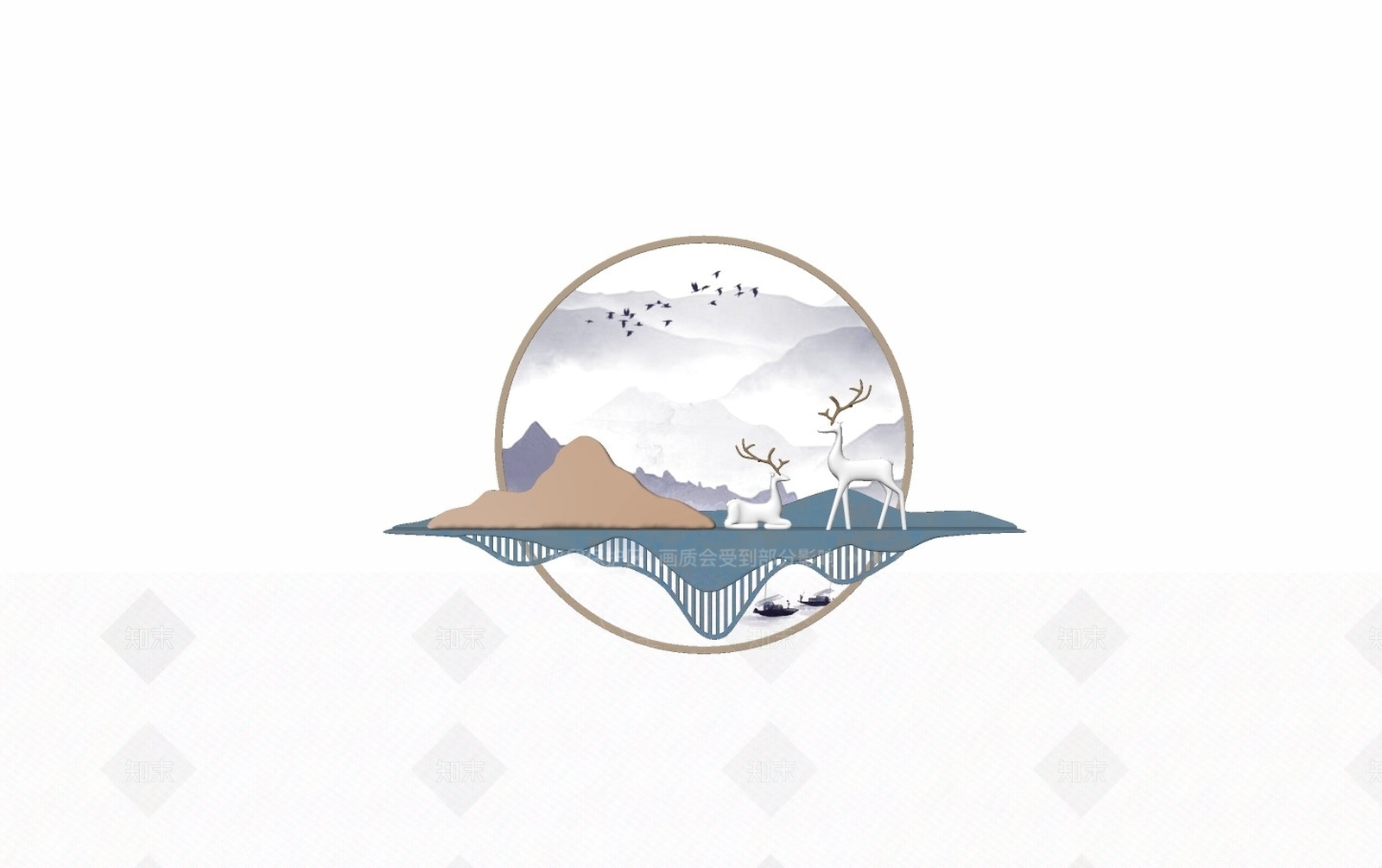新中式鹿山脉墙饰挂件SU模型下载【ID:177532229】