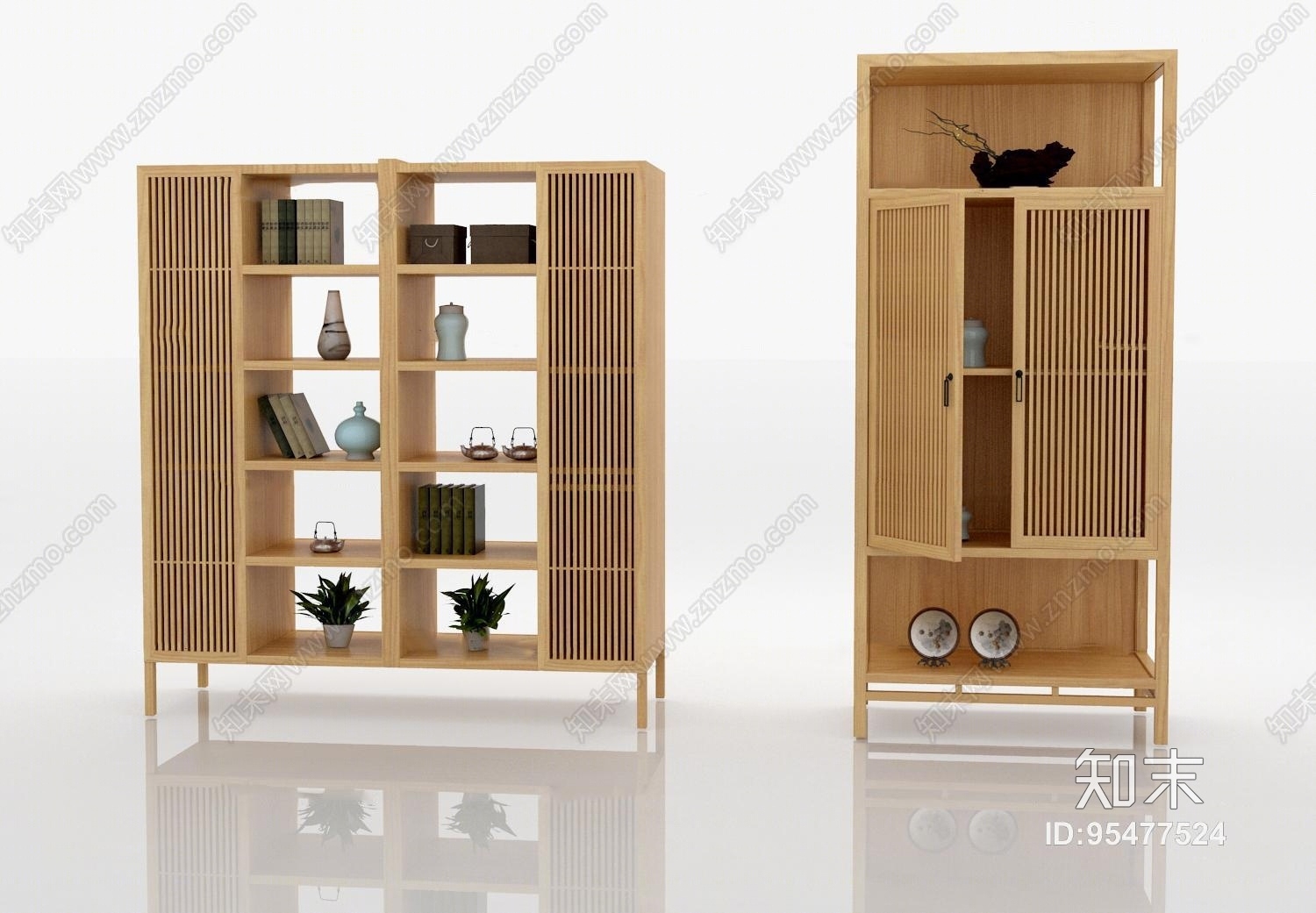 新中式实木装饰柜茶台摆件组合3D模型下载【ID:95477524】