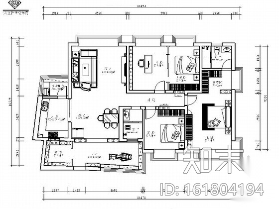 花园洋房区精品美式风格三居室装修施工图（含效果）cad施工图下载【ID:161804194】