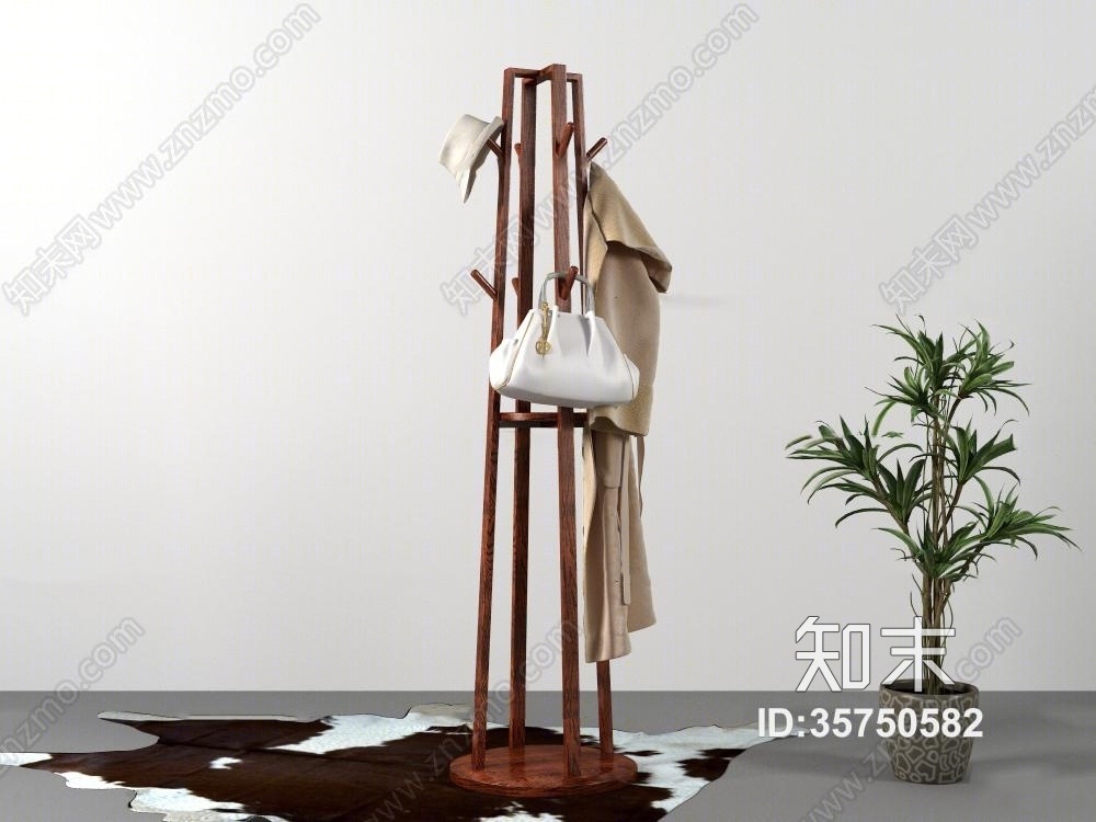 现代实木衣架盆栽组合3D模型下载【ID:35750582】