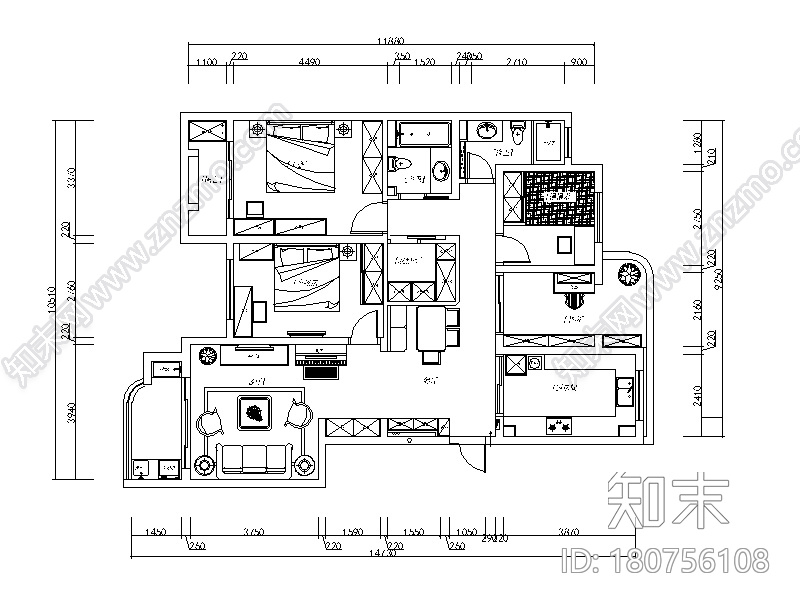 欧式田园风格样板房CAD施工图(含效果图)cad施工图下载【ID:180756108】