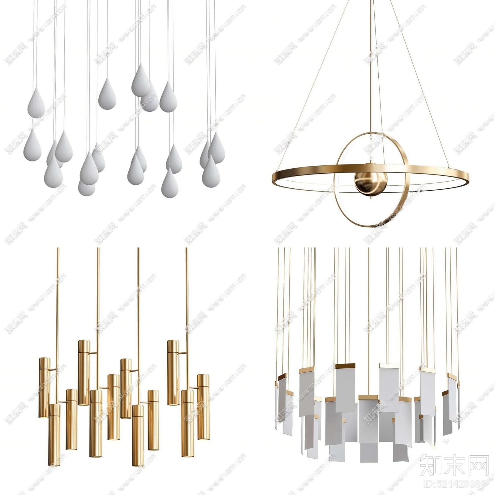 现代金属水滴纸片灯管吊灯3D模型下载【ID:521429898】
