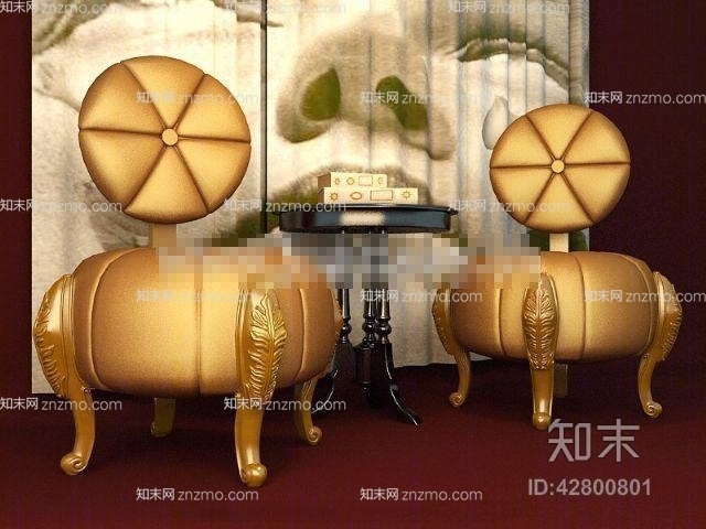 欧式新古典皮质椅子茶几组合3D模型下载【ID:42800801】