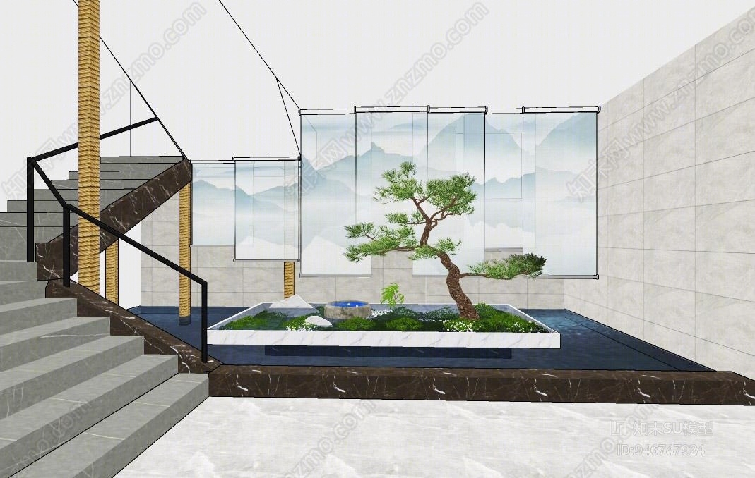 新中式楼梯间SU模型下载【ID:946747924】
