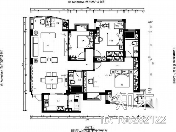 [青岛]三居室新潮大气家装施工图（含效果图）cad施工图下载【ID:166282122】