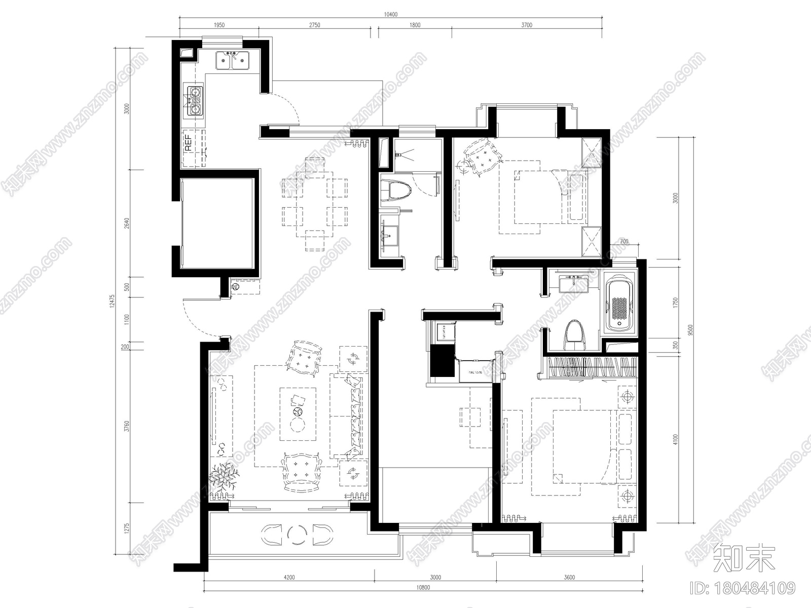 [上海]崇明103㎡现代三居家装样板间施工图cad施工图下载【ID:180484109】