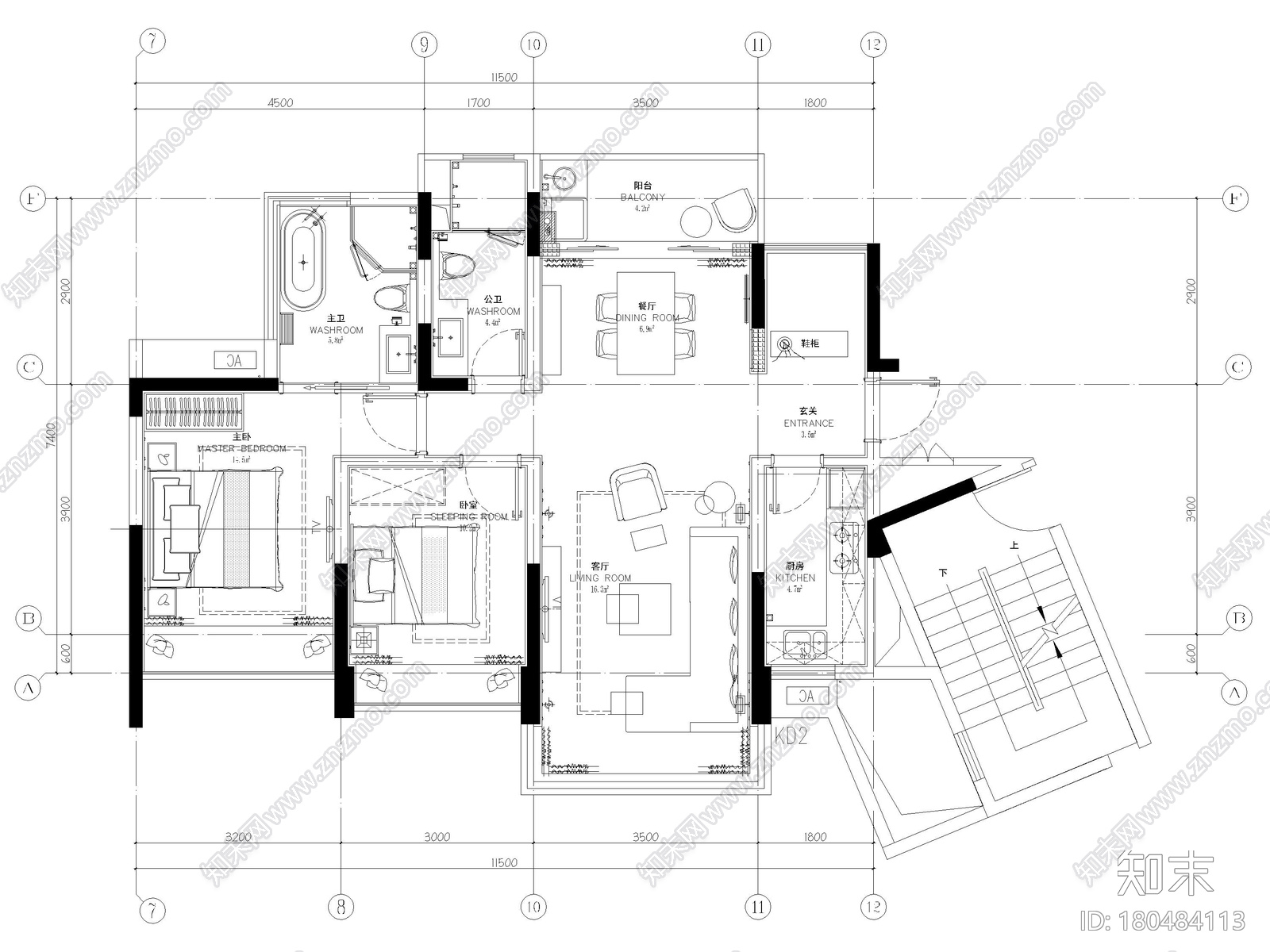 [海南]三亚71㎡现代二居室家装样板间施工图cad施工图下载【ID:180484113】