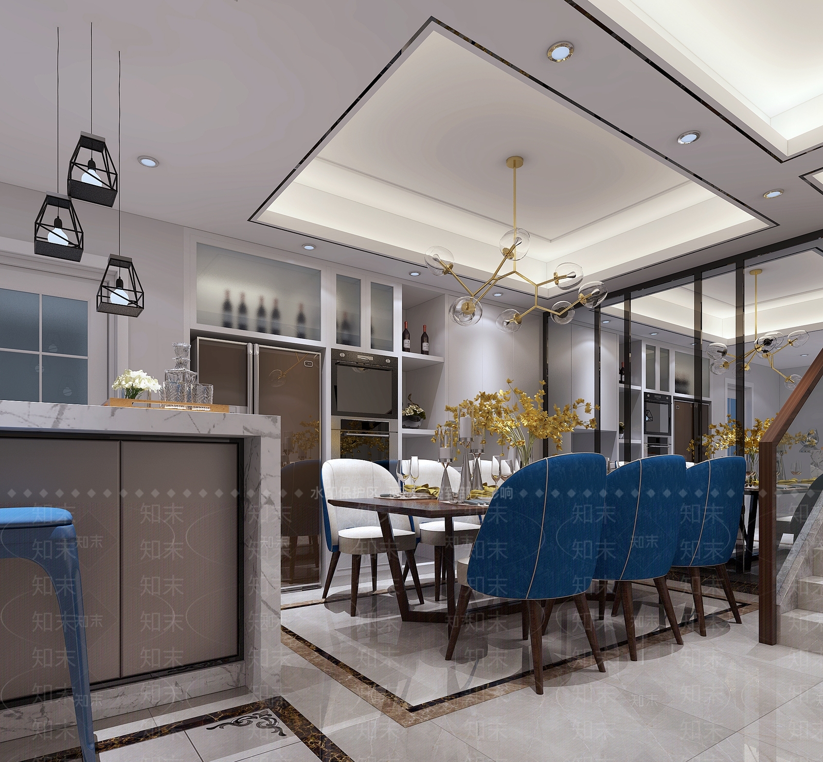 现代餐厅餐桌吊灯吧台吧椅冰箱3D模型下载【ID:832970511】