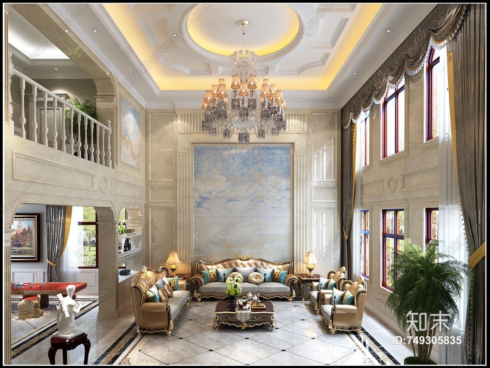 简欧别墅复式楼3D模型下载【ID:749305835】