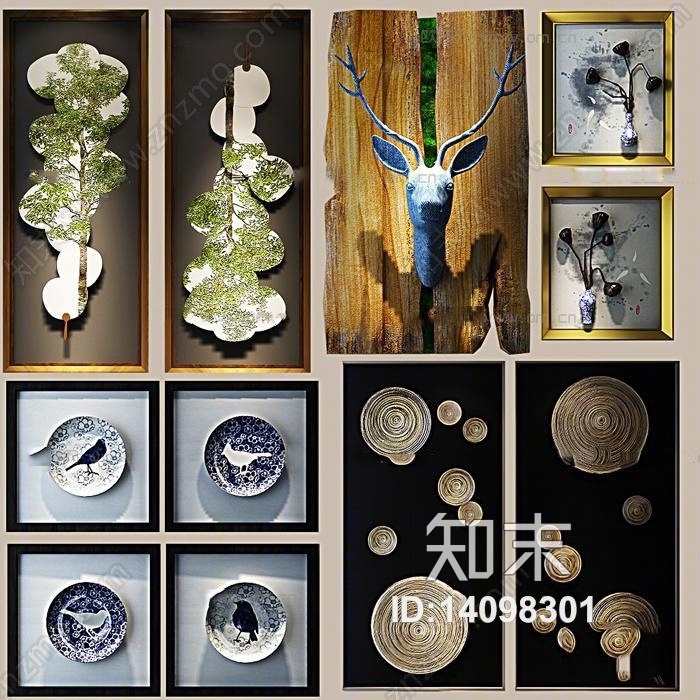 中式立体挂画鹿头墙饰组合3D模型下载【ID:14098301】