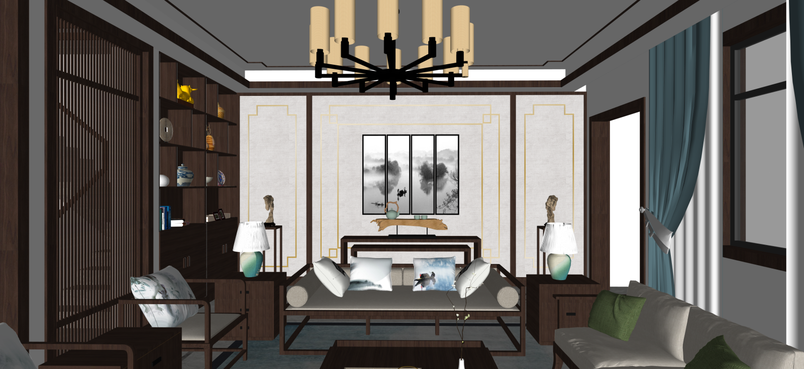 新中式家居客厅SU模型下载【ID:1222254149】
