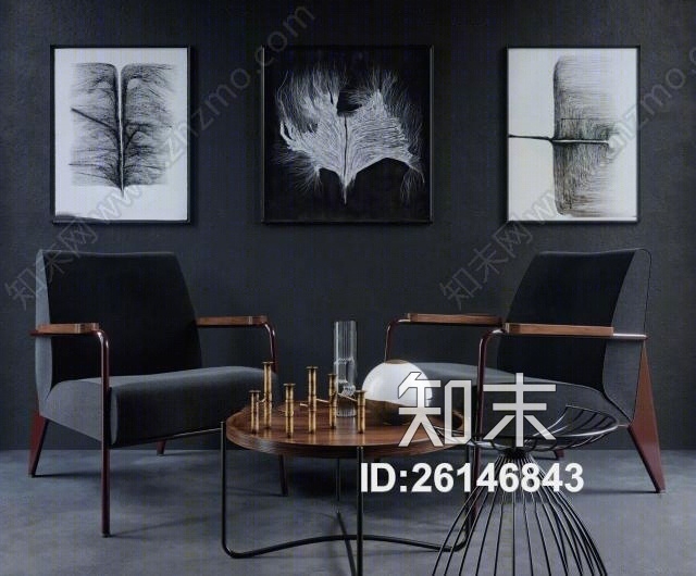 现代休闲椅茶几装饰画组合3D模型下载【ID:26146843】