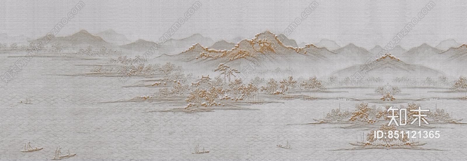 新中式山水立体壁纸贴图下载【ID:851121365】