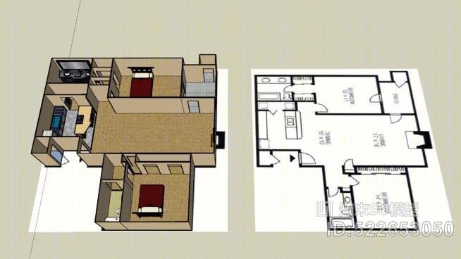 公寓楼平面尼斯2卧室APT，SU模型下载【ID:522653050】