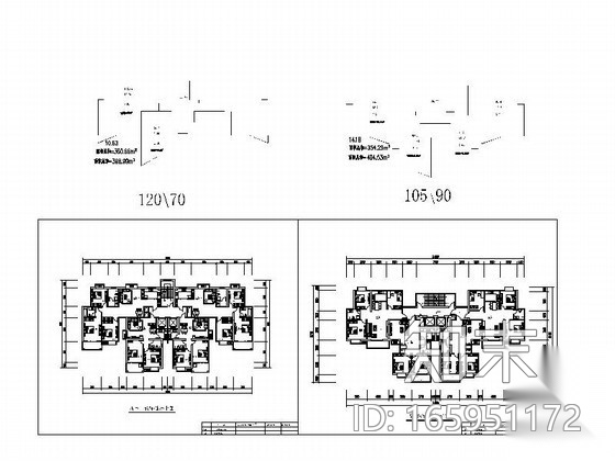 塔式高层一梯四户户型平面图（120\70、105\90）施工图下载【ID:165951172】