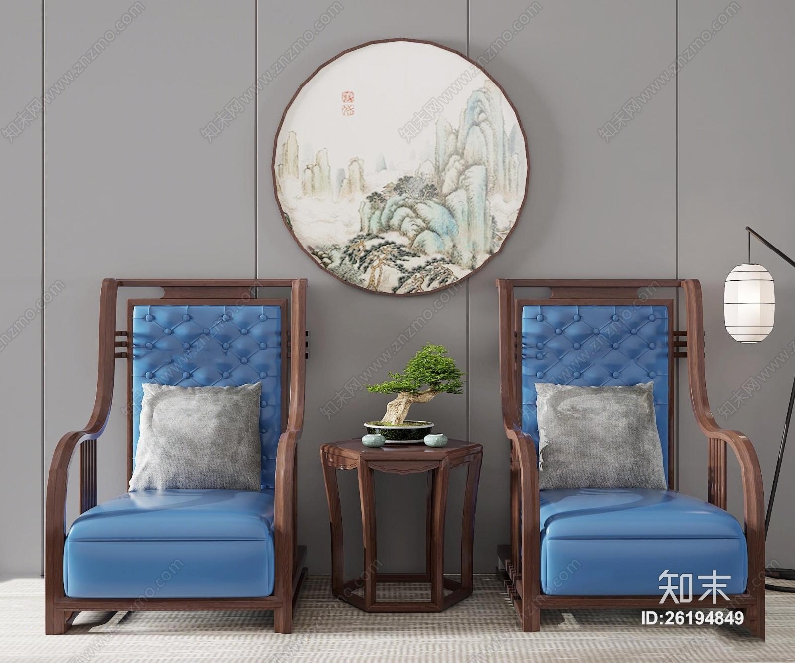 新中式休闲椅边几落地灯组合3D模型下载【ID:26194849】