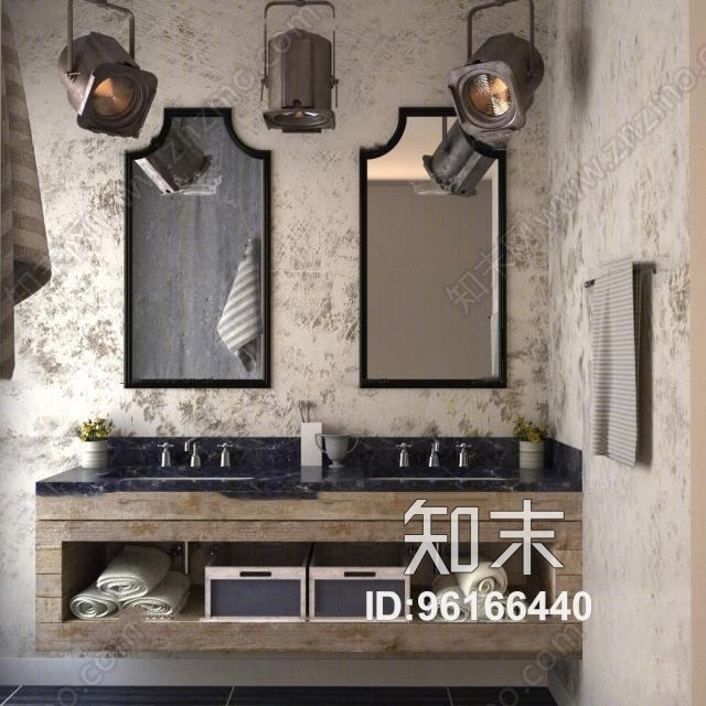 工业风台盆卫浴柜架吊灯组合3D模型下载【ID:96166440】