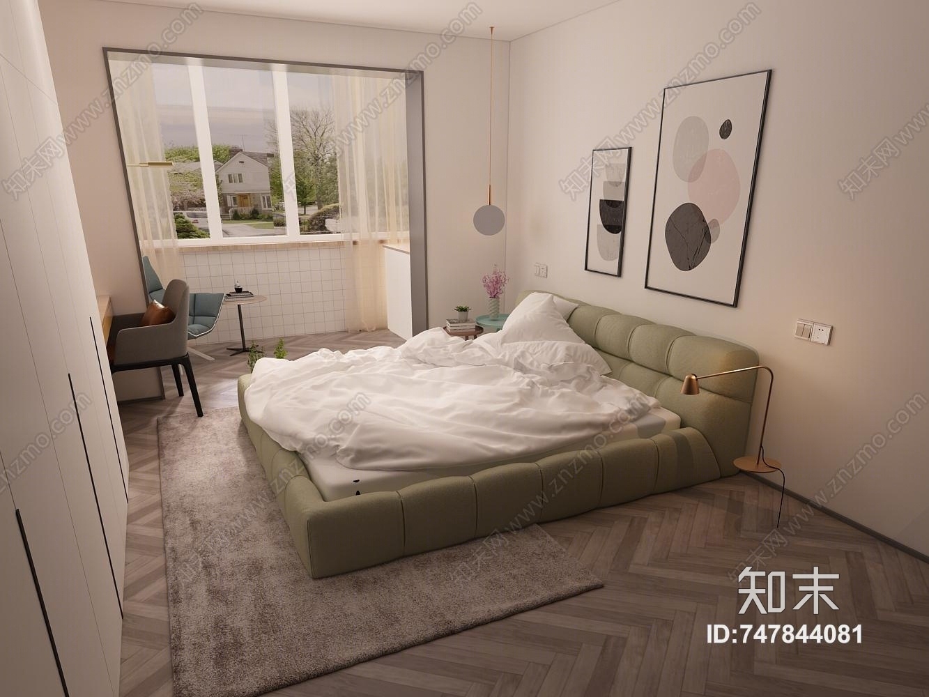 现代布艺双人床3D模型下载【ID:747844081】