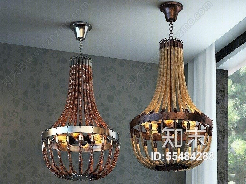 美式工业风复古创意铁艺麻绳吊灯3D模型下载【ID:55484288】