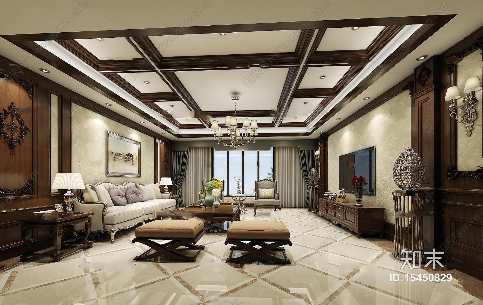 美式客厅3D模型下载【ID:15450829】