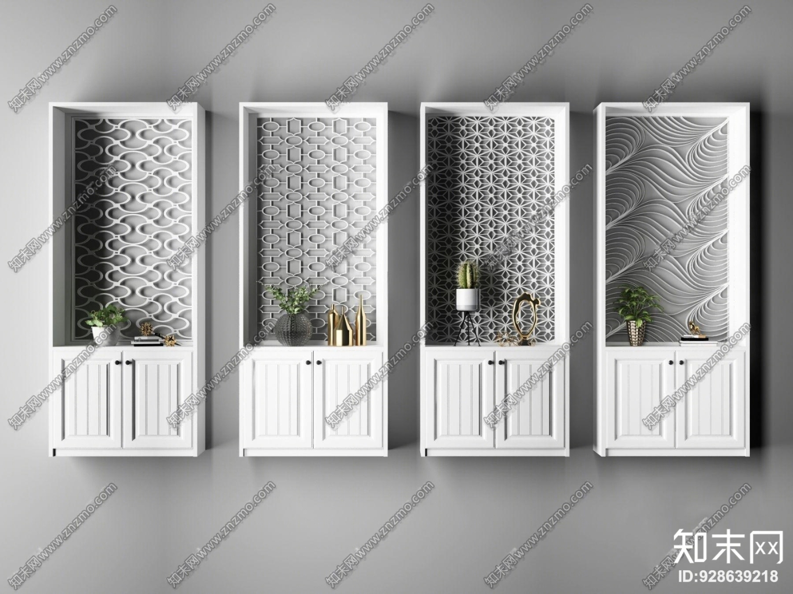 现代装饰柜隔断盆栽摆件组合3D模型下载【ID:928639218】