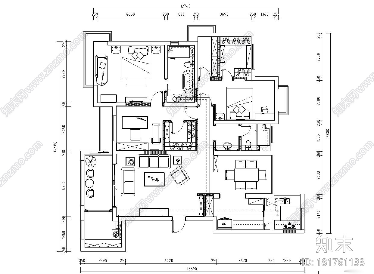 欧式风格阳光国际样板房详细施工图设计cad施工图下载【ID:181761133】