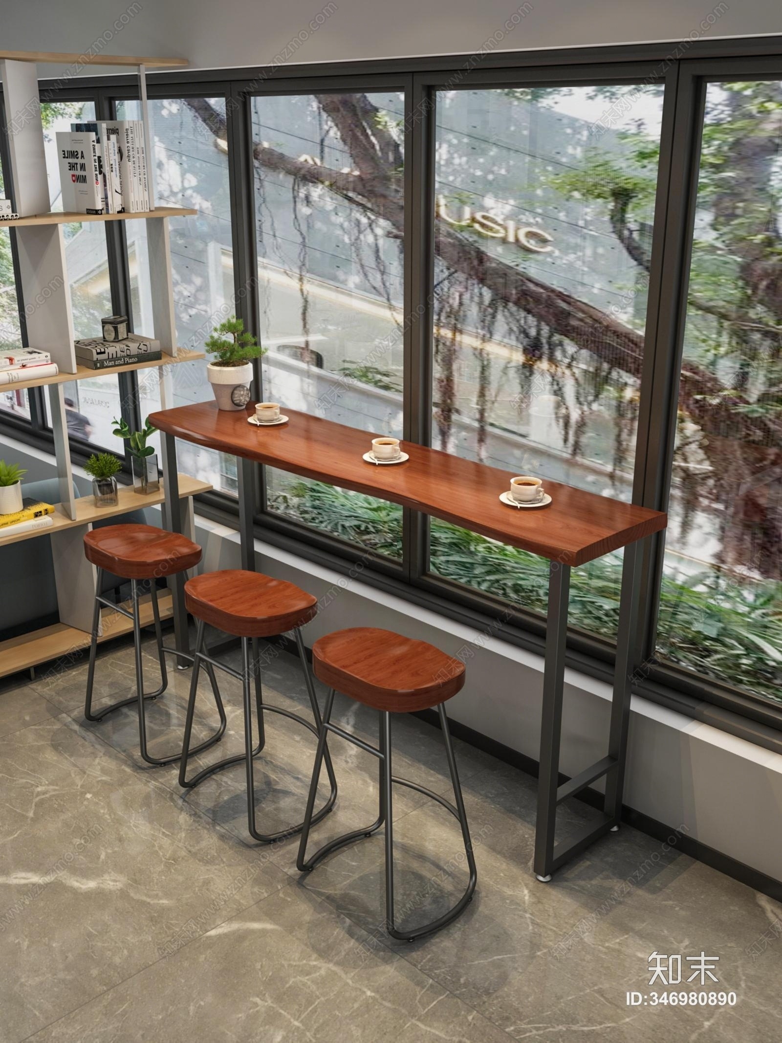 现代铁艺实木吧台椅组合3D模型下载【ID:346980890】