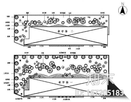 某学校教学楼绿化布置平面图cad施工图下载【ID:167205183】