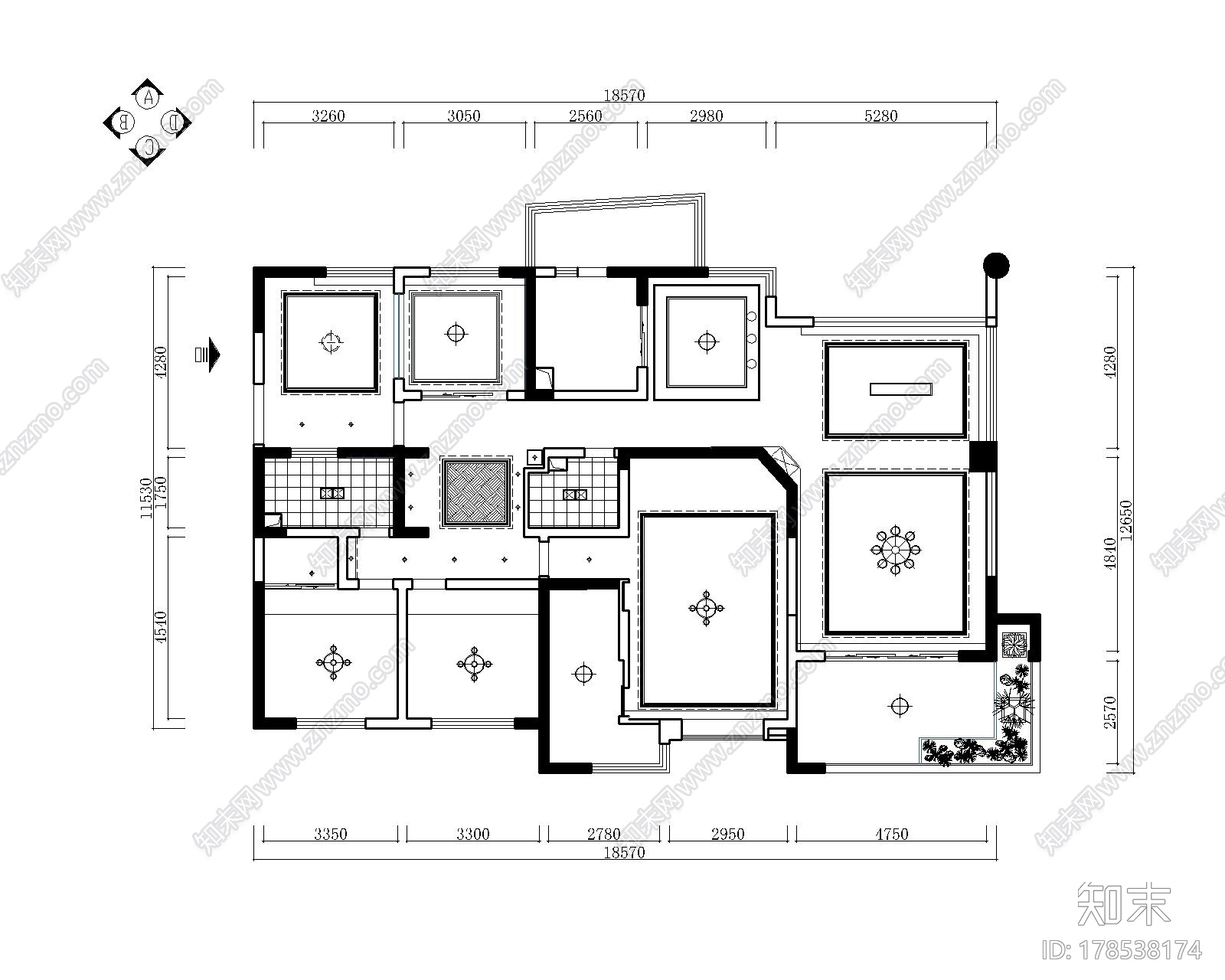 [成都]220㎡典雅中式风情五居室CAD装修施工图施工图下载【ID:178538174】