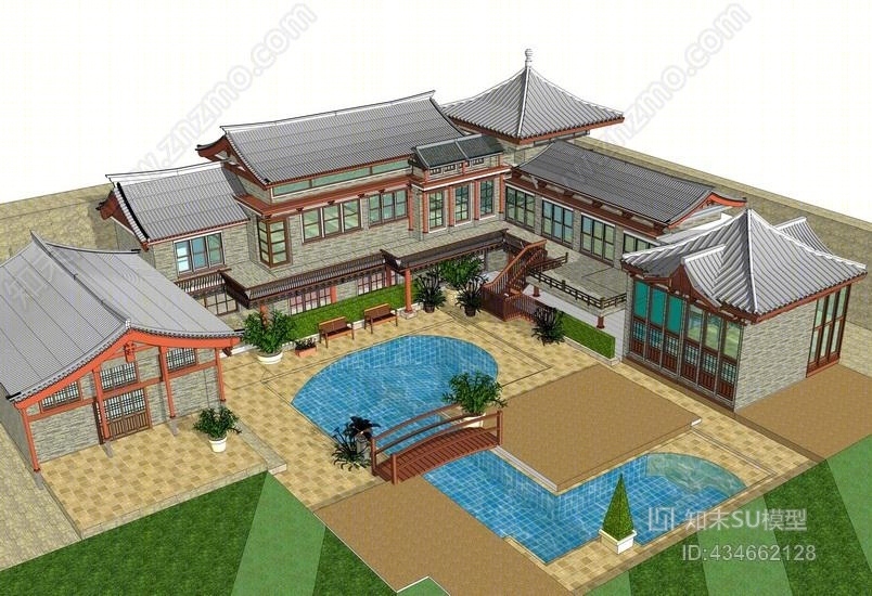 中式避暑山庄SU模型下载【ID:434662128】