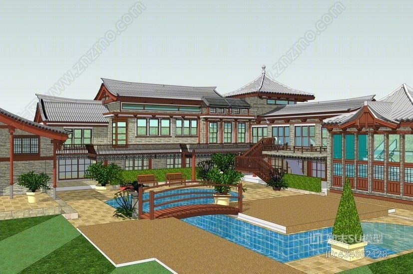 中式避暑山庄SU模型下载【ID:434662128】
