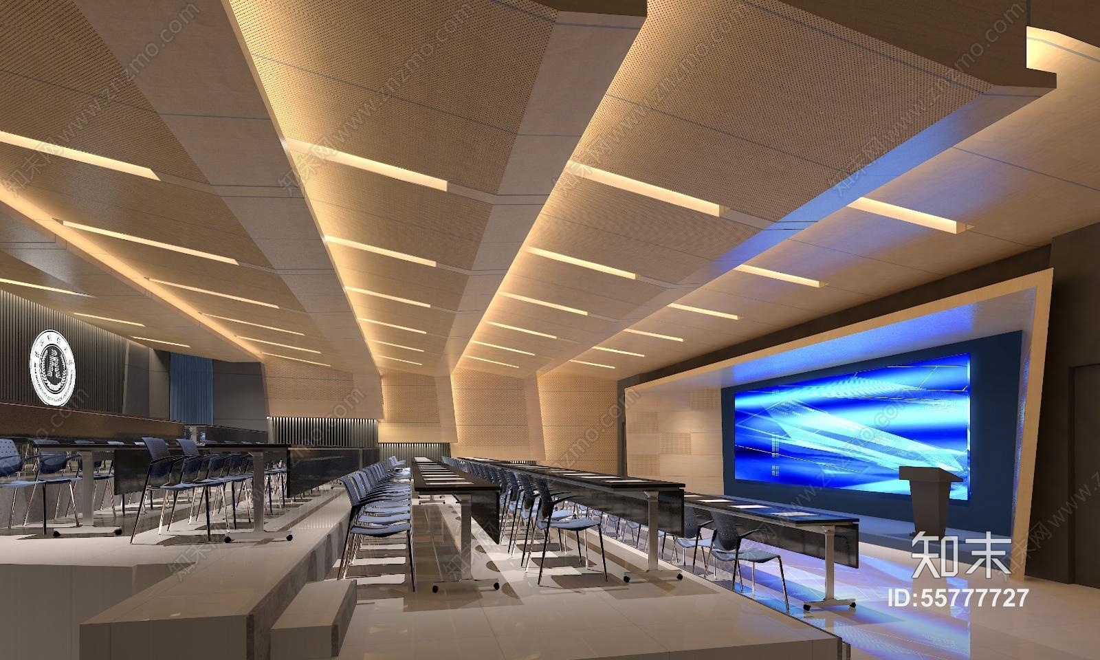 报告厅桌椅讲台3D模型下载【ID:55777727】