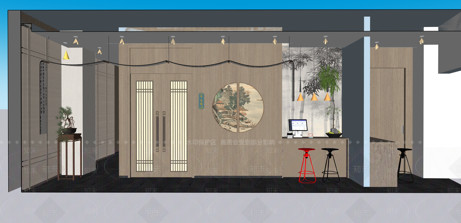 新中式酒店大堂SU模型下载【ID:1215201145】