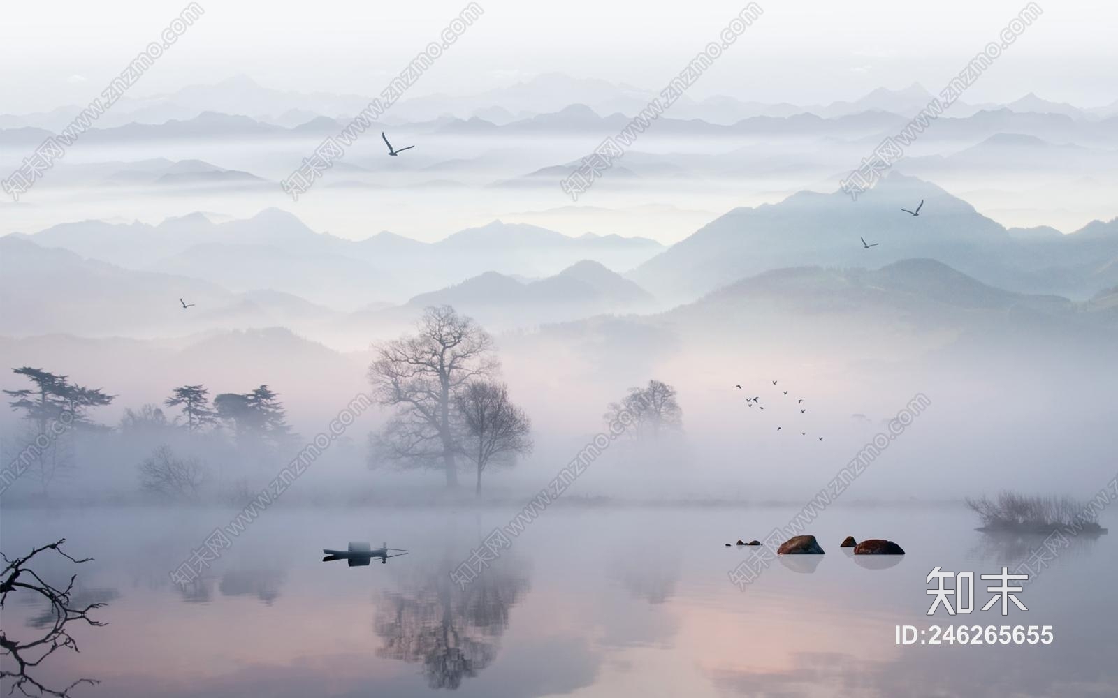新中式山水风景壁画贴图下载【ID:246265655】